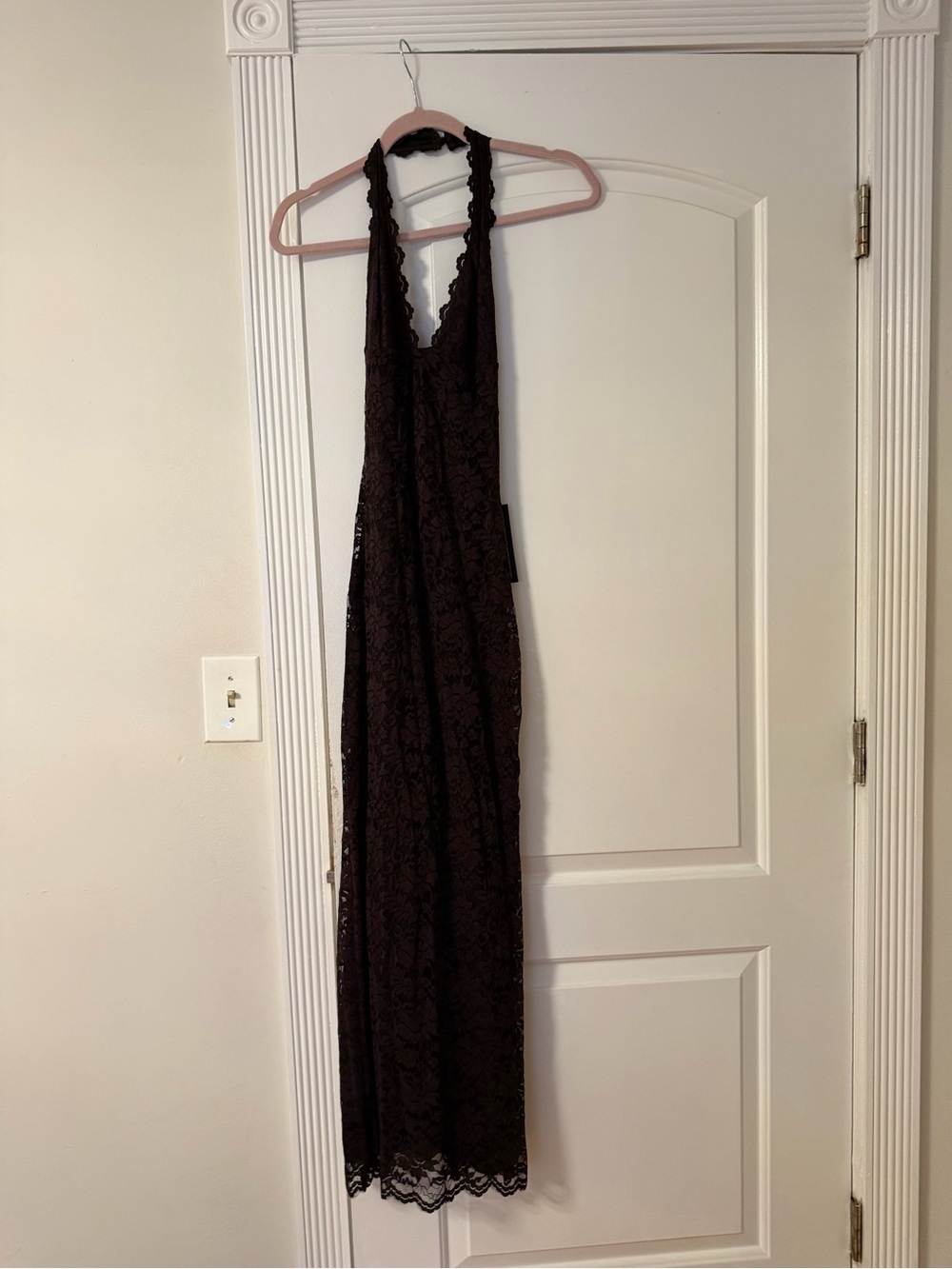White Fox Boutique Dark Brown Lace Halter Maxi Dress